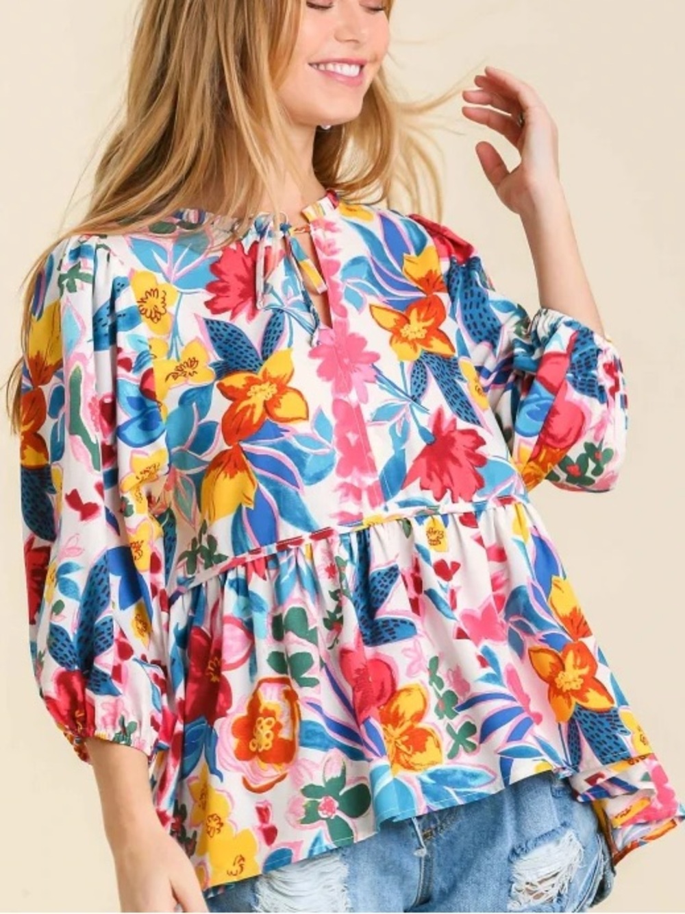 Umgee Multicolor Floral Tiered Peasant Blouse